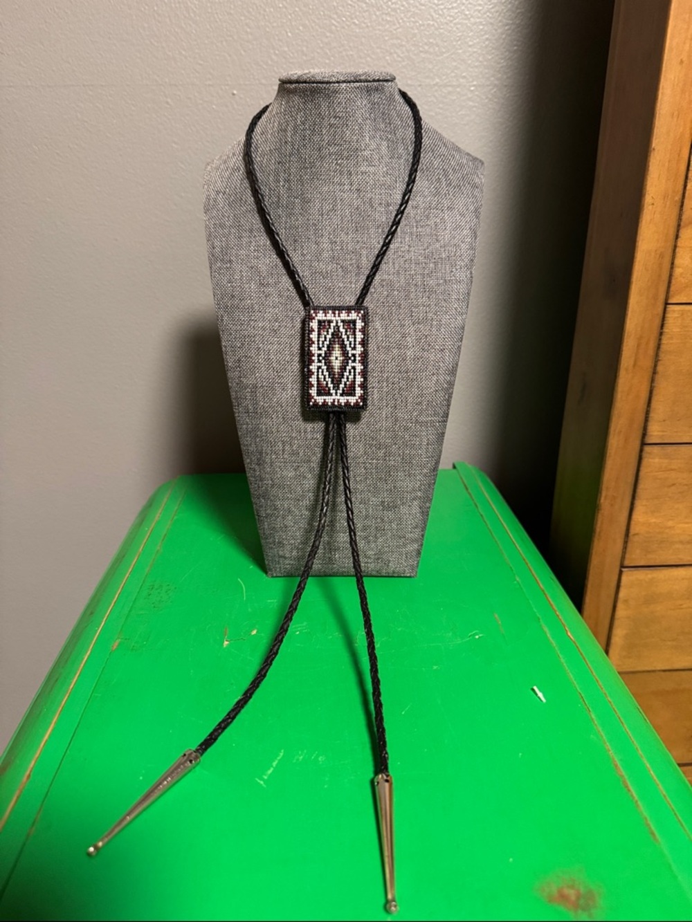 Black Beaded Bolo Tie with Geometric Pendant